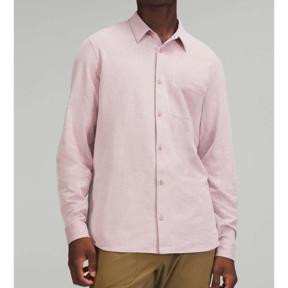 Lululemon Commission Mens Long Sleeve Button Down Jersey Knit Shirt Pink Size L